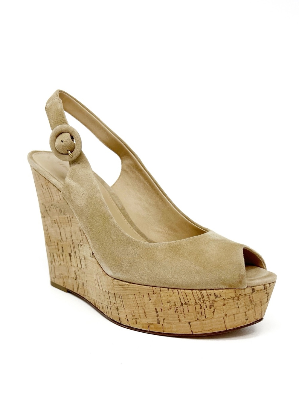 Veronica Beard Dali Size 9 Beige Suede Peep Toe Cork Platform Wedge Heel Sandal